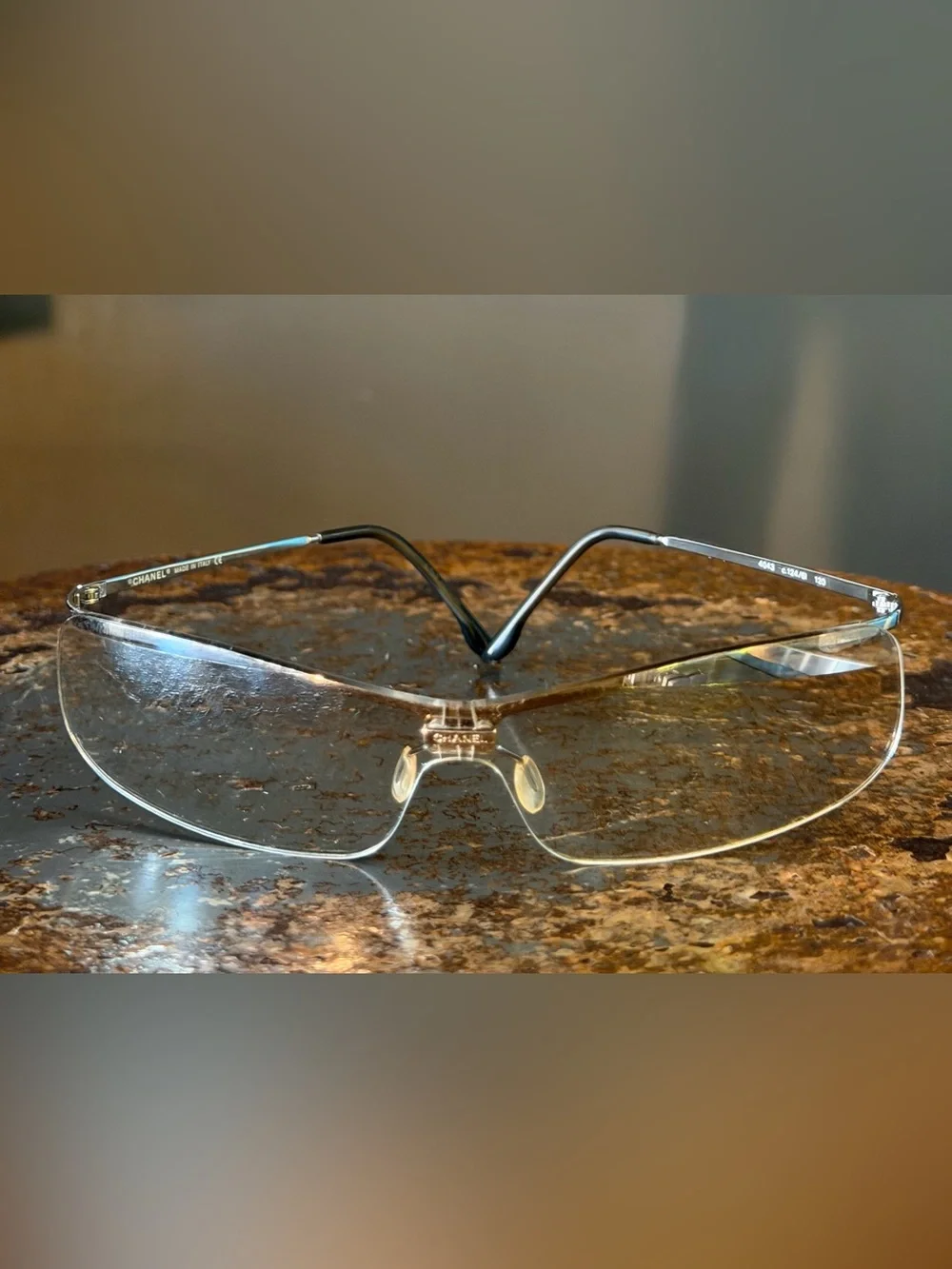 CHANEL Clear Rimless Shield Sunglasses with Silver Temples